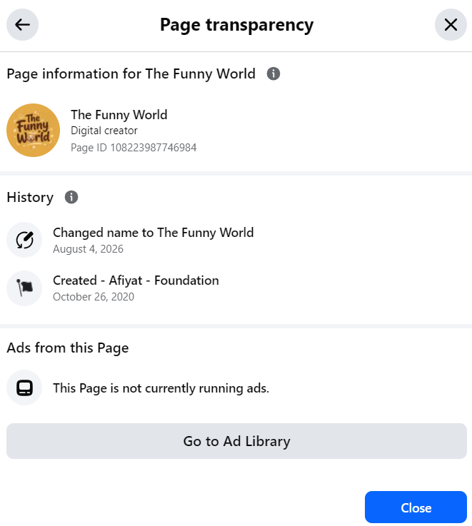Facebook Page transparency history showing the rename from Afiyat - Foundation to The Funny World on August 4, 2026